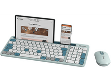 Charger l&#39;image dans la galerie, Un clavier, une tablette et un téléphone sur un bureau. Le tout est bleu clair et blanc.
