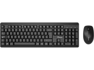 Clavier et souris noirs sur fond noir. Le clavier a de nombreuses touches.