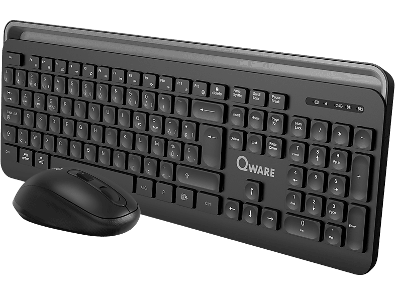Ensemble clavier et souris Qware noir. Le clavier a de nombreuses touches. La souris est à gauche.