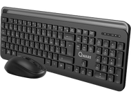 Ensemble clavier et souris Qware noir. Le clavier a de nombreuses touches. La souris est à gauche.
