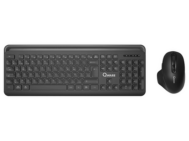 Ensemble clavier et souris noirs. Le clavier a de nombreuses touches. La souris est à droite.