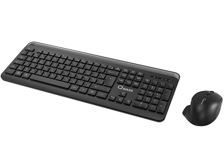 Clavier et souris d'ordinateur noirs sur une surface blanche. Le clavier a des touches, la souris une roulette.