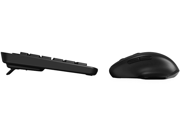 Clavier et souris noirs sur fond blanc, vue latérale. Le clavier est incliné vers le haut. La souris est à droite.