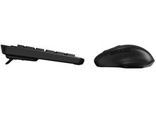 Charger l&#39;image dans la galerie, Clavier et souris noirs sur fond blanc, vue latérale. Le clavier est incliné vers le haut. La souris est à droite.
