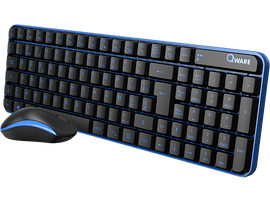 Un ensemble clavier et souris bleu et noir. Le clavier a des accents bleus et la souris est incurvée.