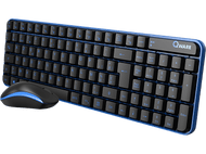 Un ensemble clavier et souris bleu et noir. Le clavier a des accents bleus et la souris est incurvée.