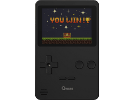 Une console de jeu portable noire affichant un écran pixélisé "YOU WIN!" avec un trophée et un coffre.