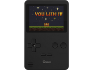 Une console de jeu portable noire affichant un écran pixélisé 