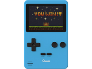 Console de jeu portable bleue affichant 'YOU WIN!'. Boutons noirs et croix directionnelle.