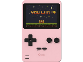 Console de jeu portable rose affichant "YOU WIN!" à l