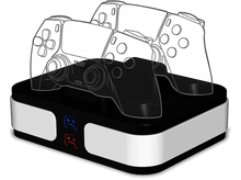 Charger l&#39;image dans la galerie, Station de recharge pour manettes de jeu. Trois manettes apparaissent translucides. La station est blanche et noire.
