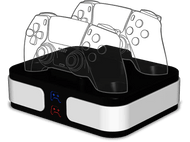 Station de recharge pour manettes de jeu. Trois manettes apparaissent translucides. La station est blanche et noire.