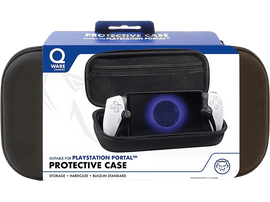 Un étui de protection pour Playstation Portal, noir et marron. Il a une fermeture éclair et contient l