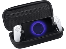 Charger l&#39;image dans la galerie, Un étui noir avec un appareil de jeu à l&#39;intérieur. L&#39;appareil est allumé avec un cercle de lumière bleu.
