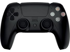 Une manette de jeu noire avec des boutons. Elle a un pavé directionnel, deux joysticks et boutons colorés.