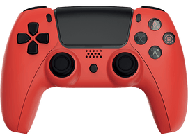 Manette de jeu rouge. Boutons et joysticks noirs. Lettres X, A, B, Y. Fond noir.