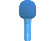 Microphone karaoké bleu avec boutons d'alimentation et de volume sur une poignée bleue. Isolé sur noir.