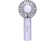 Un petit ventilateur portable Qware violet avec des pales blanches. Il est sur fond noir.