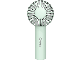 Ventilateur portable vert menthe. Il a une pale blanche et un logo Qware.