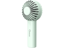 Charger l&#39;image dans la galerie, Un ventilateur portatif vert clair avec une poignée et une tête de ventilateur circulaire sur fond blanc.
