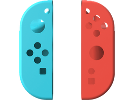 Deux manettes Nintendo Switch. Une bleue, une rouge. Boutons et joysticks visibles.