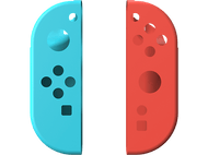 Deux manettes Nintendo Switch. Une bleue, une rouge. Boutons et joysticks visibles.