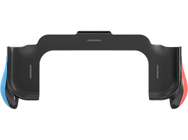 Poignée de manette Switch noire. Boutons bleus et rouges sur les côtés. Fond noir. Design minimaliste.