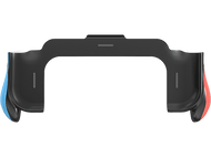 Poignée de manette Switch noire. Boutons bleus et rouges sur les côtés. Fond noir. Design minimaliste.