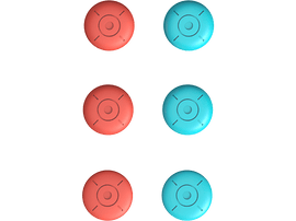 Six boutons ronds colorés avec des motifs en forme de croix, disposés en deux rangées sur fond noir.