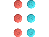 Six boutons ronds colorés avec des motifs en forme de croix, disposés en deux rangées sur fond noir.