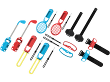 Charger l&#39;image dans la galerie, Ensemble d&#39;accessoires de jeu colorés : club de golf, raquette de tennis et manettes. Fond noir.
