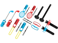 Ensemble d'accessoires de jeu colorés : club de golf, raquette de tennis et manettes. Fond noir.