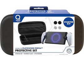 Kit de protection pour PlayStation Portal, étui noir avec accessoires et un écran, fond blanc.