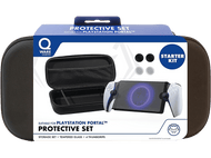 Kit de protection pour PlayStation Portal, étui noir avec accessoires et un écran, fond blanc.