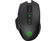 Souris gaming noire avec lumières vertes DPI et bouton, et un logo.