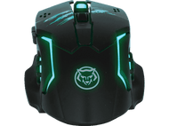 Souris de jeu noire avec des lumières bleues. Symbole de chat sur la souris.