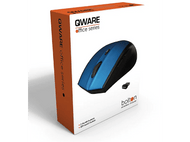 Une souris sans fil QWARE bleue dans une boîte, avec un récepteur USB.