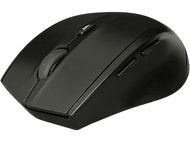 Une souris d'ordinateur noire sur fond noir. Elle possède une molette de défilement et des boutons.