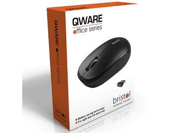 Souris sans fil QWARE noire dans une boîte avec détails du produit et logo.