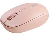 Une souris sans fil rose avec une molette, vue en biais sur fond noir.