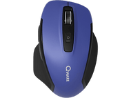 Une souris sans fil ergonomique bleue avec une molette noire. Le logo est Qware.