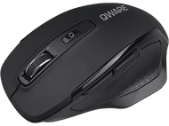 Souris sans fil noire. Possède une molette et des boutons. Fond noir.