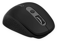 Charger l&#39;image dans la galerie, Une souris d&#39;ordinateur noire avec une molette grise et un logo. Conception sans fil.
