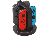 Station de charge noire avec plusieurs manettes Nintendo Switch colorées insérées.