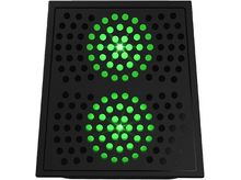 Charger l&#39;image dans la galerie, Haut-parleur noir avec lumières vertes allumées, vue de dessus, isolé sur fond blanc.
