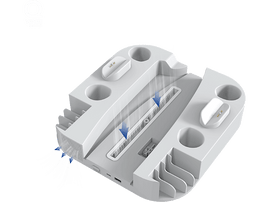 Un support de console de jeu blanc avec des flèches bleues. Il possède des ports de chargement et un haut-parleur.