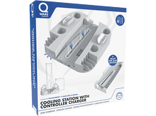 Charger l&#39;image dans la galerie, Une station de refroidissement PlayStation 5 blanche et grise avec chargeur de manette et une boîte.
