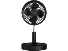 Charger l&#39;image dans la galerie, Ventilateur noir avec une tête circulaire et un support. Le ventilateur est sur un support noir. Fond noir.
