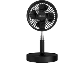 Ventilateur noir avec une tête circulaire et un support. Le ventilateur est sur un support noir. Fond noir.