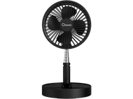 Ventilateur noir avec une tête circulaire et un support. Le ventilateur est sur un support noir. Fond noir.